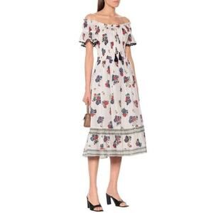 Tory Burch Meadow Folly Cotton Voile Off-shoulder Midi Dress Size S Beige #1A461